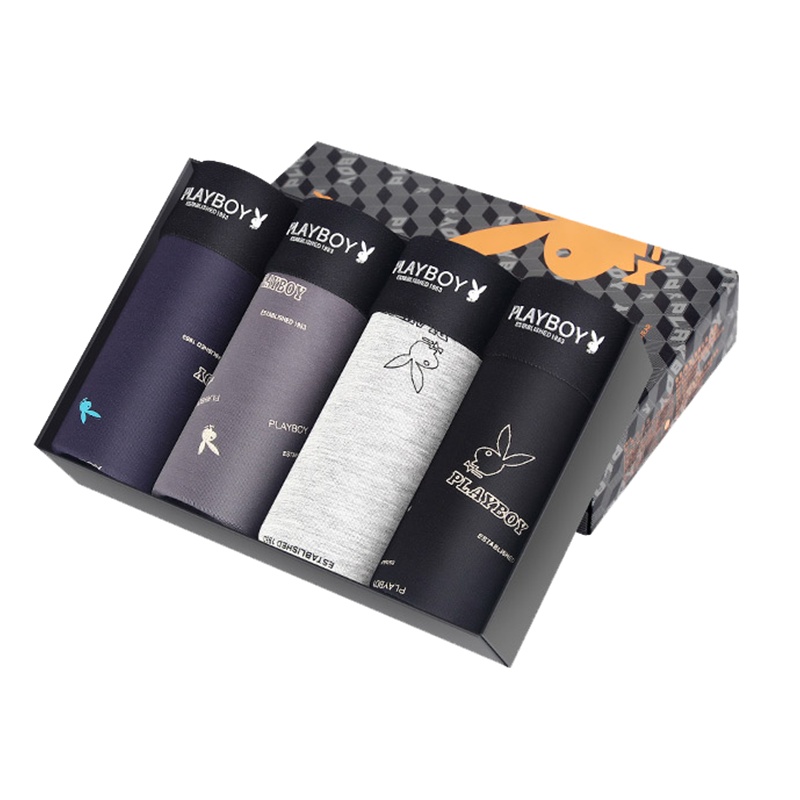 花花公子内裤男士平角棉质抗菌印花多色加肥加大码肥佬弹力中腰U凸四角短裤衩5109-4条装