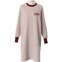 欧昵雪秋冬季字母绣花半高领套头中长款宽松卫衣连衣裙女