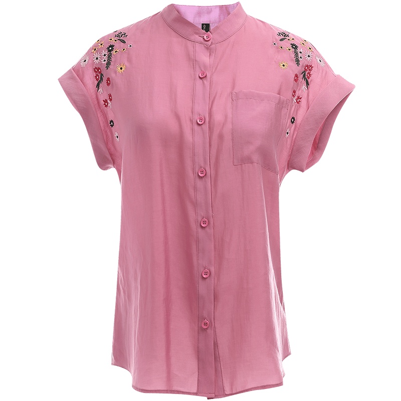 欧昵雪夏季立领拼接绣花宽松蝙蝠袖衬衫女显瘦天丝上衣