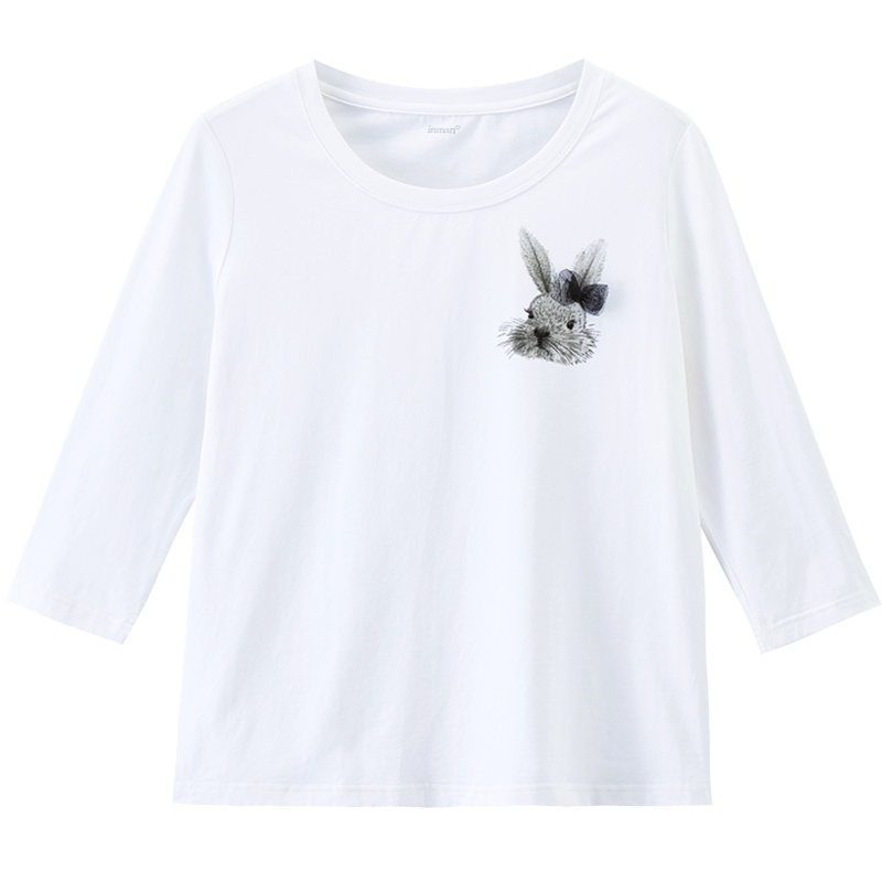 茵曼2019秋季新款套头圆领七分袖可爱猫咪印花弹性棉休闲T恤女