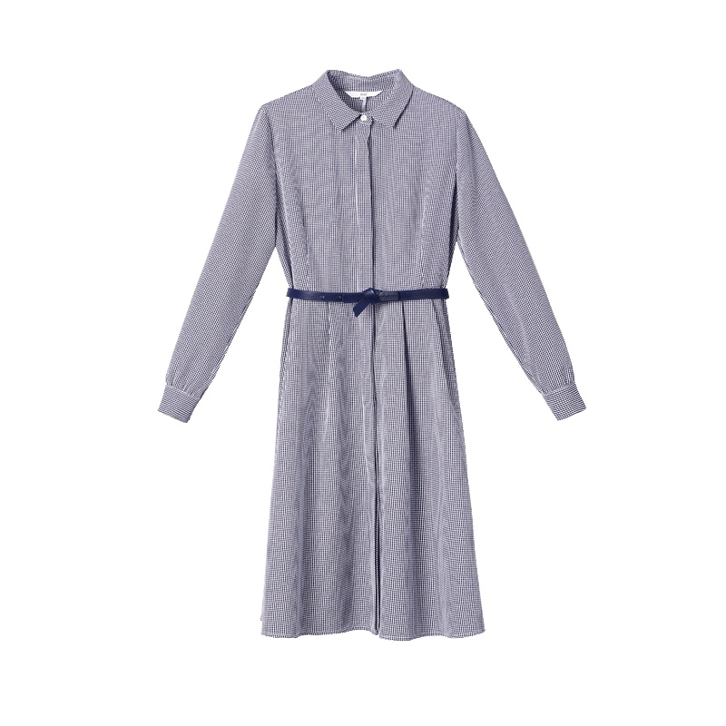 OSA欧莎2019春装韩版时尚chic格子衬衫长袖中长款连衣裙女