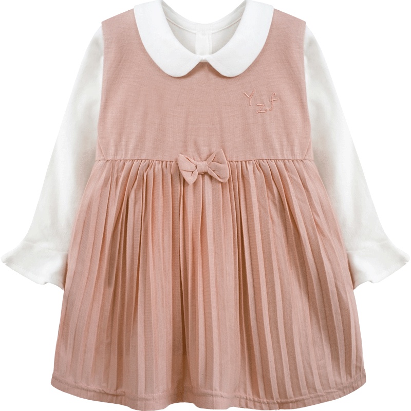 婴姿坊女童秋冬新款两件套纯色娃娃领上衣拉链修身连衣裙甜美套装