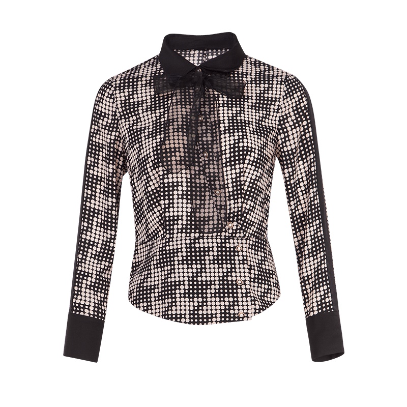 晩白 新品时尚百搭复古波点常规款POLO领打底长袖衬衫上衣女