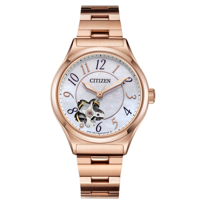 西铁城(CITIZEN)自动机械不锈钢镀粉金色表带镂空时尚商务女表PC1007-65D