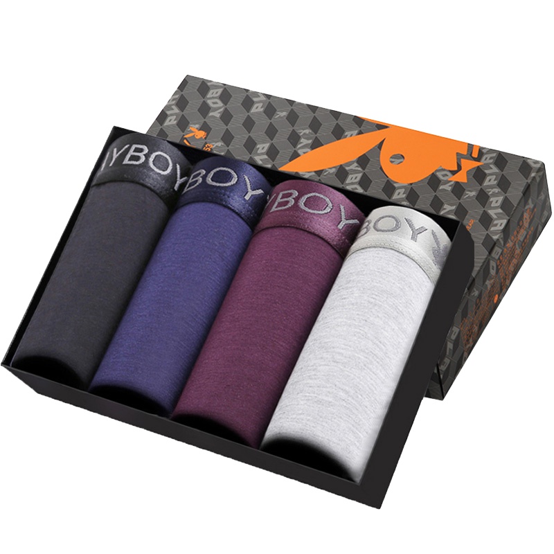 【苏宁自营】花花公子PLAYBOY 男士内裤平角裤4条礼盒装5324-4浅蓝/浅绿/浅红/浅花灰