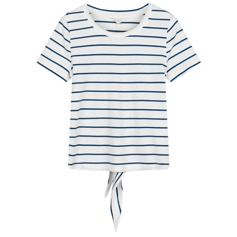 拉夏贝尔条纹短袖T恤女修身夏装韩版内搭针织打底衫半袖上衣 条纹混色 S