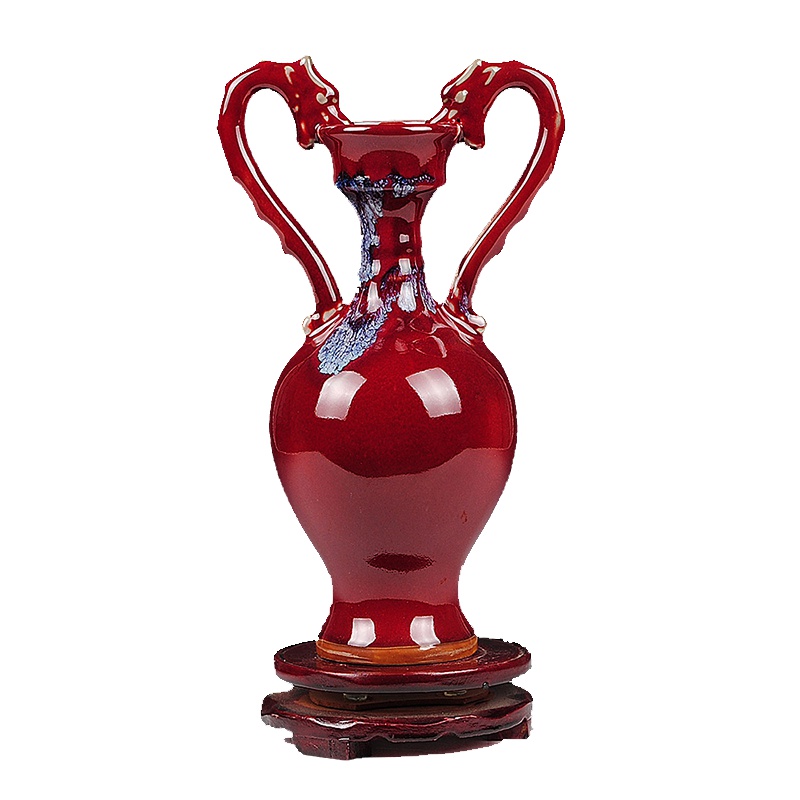 彩帮陶瓷双耳花瓶 仿古窑变钧瓷小花瓶现代家居饰品客厅电视柜摆件