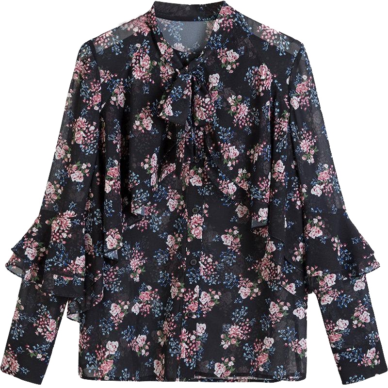 上新拉夏贝尔秋冬新款韩版宽松长袖小清新显瘦碎花雪纺衬衣女1T000717