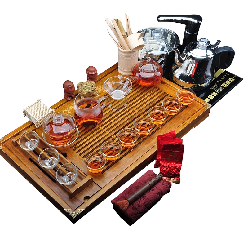 唐宏坊 双龙戏珠茶具套装 整套茶具实木茶盘 一体式电热炉全自动上水 玻璃 整套功夫茶具套装