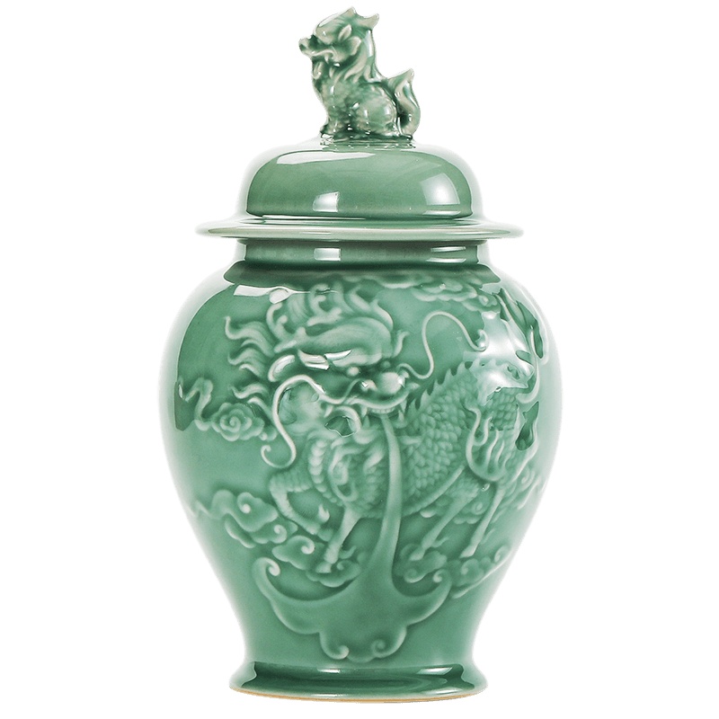 領藝 优选越窑青瓷茶叶罐手工大号密封罐储茶罐家用储存罐浮雕麒麟茶罐景德镇风格 越窑青瓷麒麟茶叶罐-大号