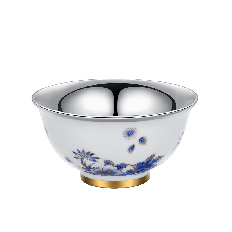 银斯妮 银茶杯家用999纯银 主人杯单杯功夫银茶具 手工镶银陶瓷茶杯建盏品茗杯茶碗 描金马蹄青花