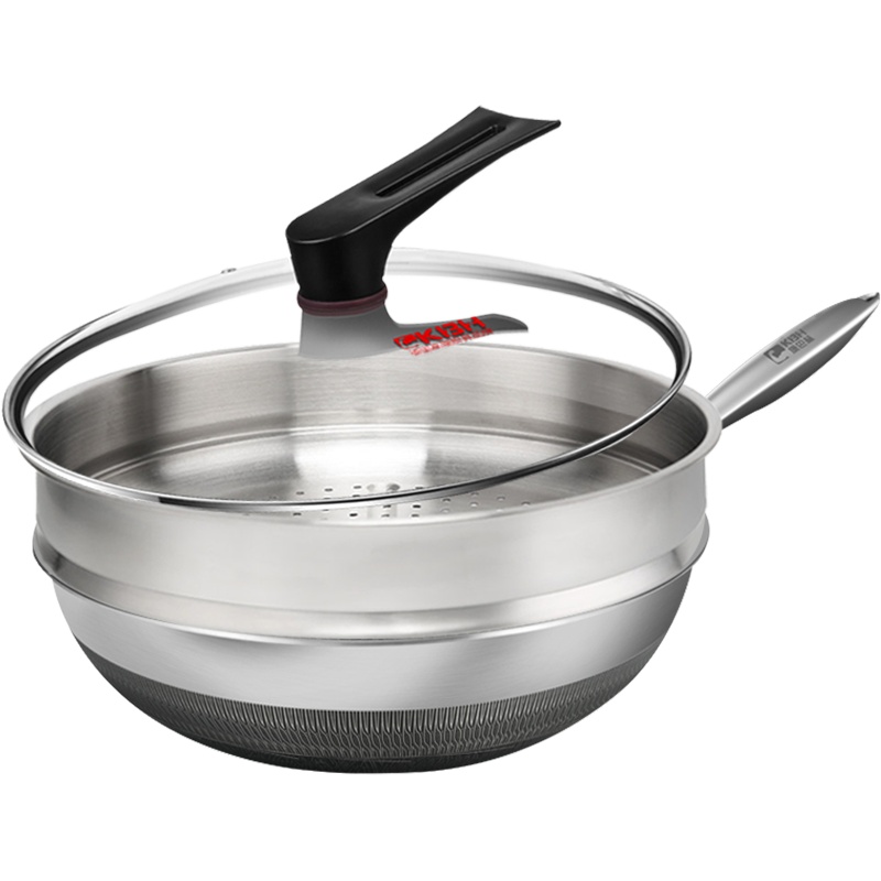 康巴赫(KBH)旗舰款炒锅蜂窝锅具316L不锈钢燃气电磁炉通用32cm旗舰款+蒸屉[刀具管制地区,赠品刀更换油壶]