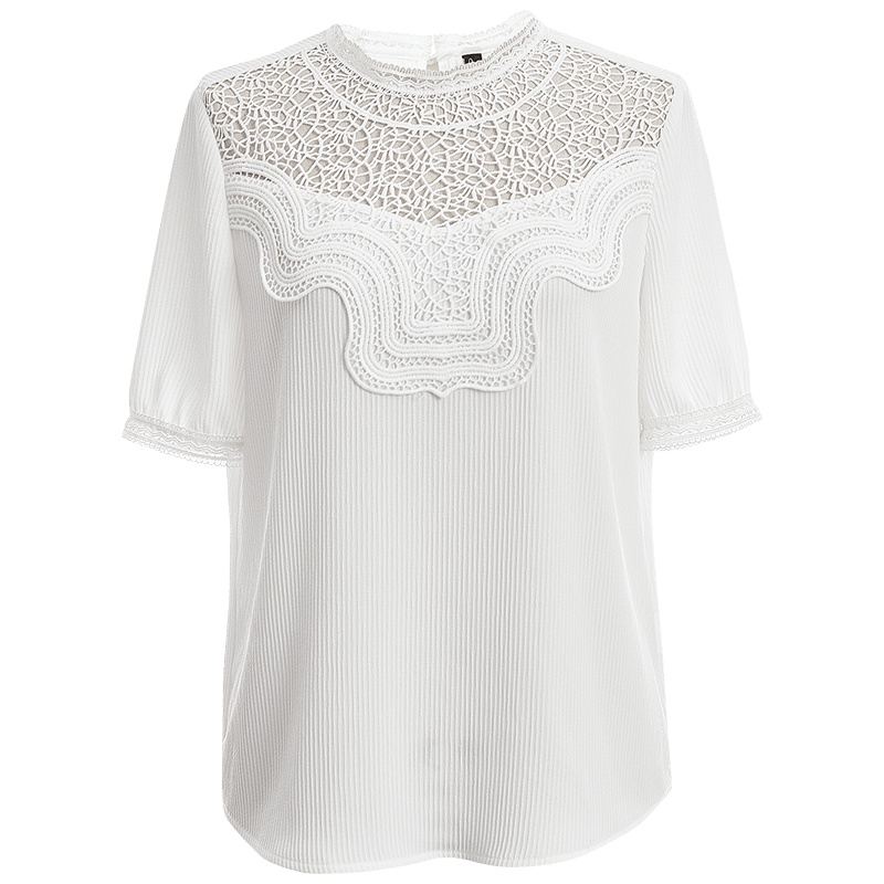 欧昵雪夏装设计感立领花边透视竖条纹小衫女显瘦短袖上衣