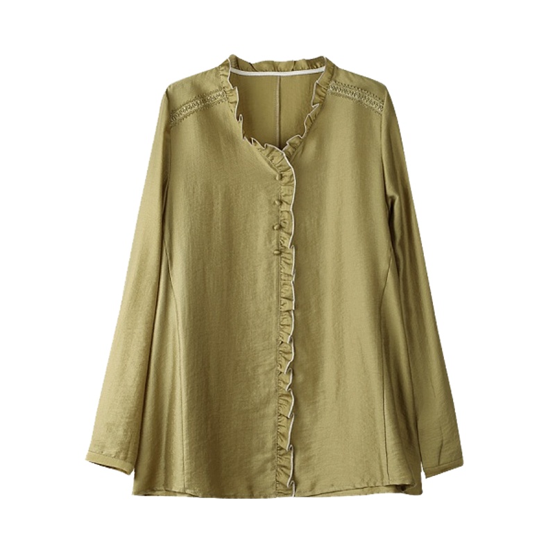 小样传奇  木耳边V领长袖衬衫女简约宽松套头衬衣2021春秋季新款女装上衣