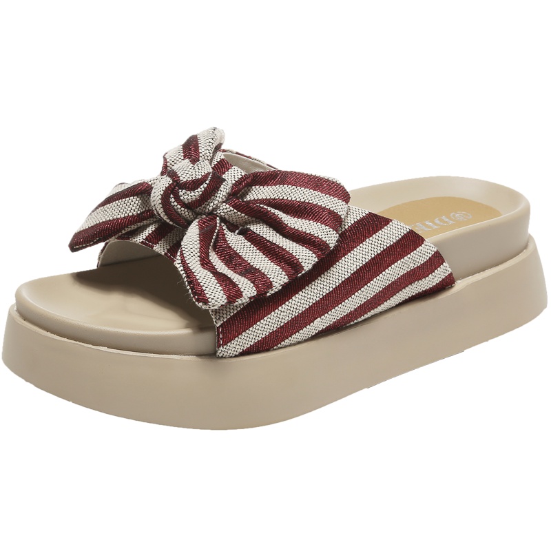 狄恩纪2019年夏季女款时尚休闲拖鞋潮流蝴蝶结一字拖厚底女拖