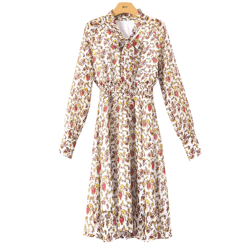 晚白2021春季新品时尚淑女印花系带领修身A字碎花雪纺裙连衣裙女