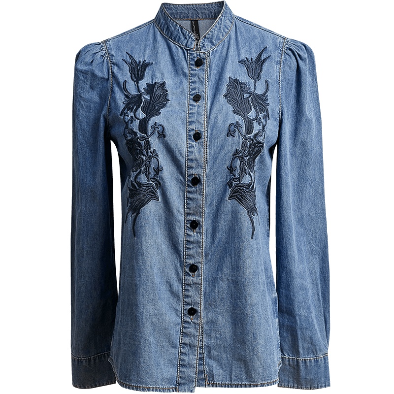 欧昵雪复古立领绣花纯棉牛仔衬衫上衣女长袖显瘦衬衣
