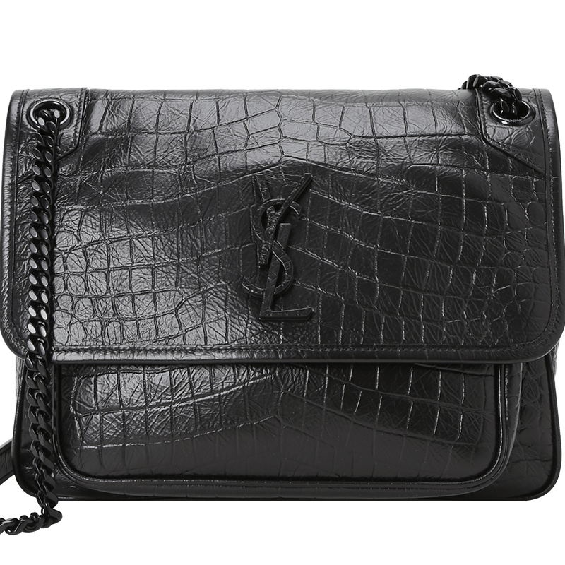 圣罗兰YSL NIKI 中号 鳄鱼压纹 女士单肩斜挎包 黑链 633150