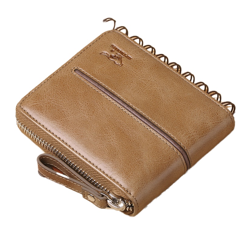 七匹狼钱包男真皮商务短款多功能拉链钱夹头层牛皮青年驾驶证皮夹(卡其色)