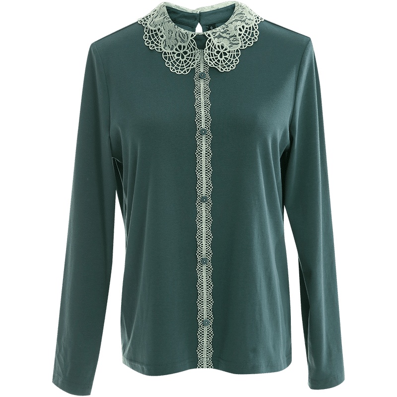 欧昵雪气质翻领拼接蕾丝显瘦T恤女设计感长袖上衣