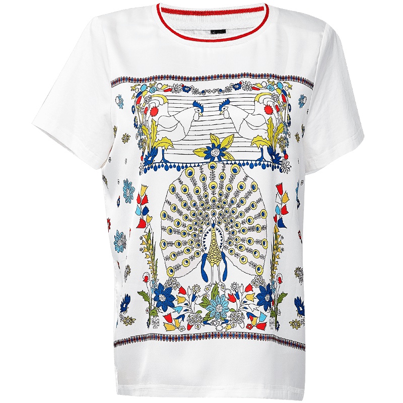 欧昵雪夏季波普风动物图案印花圆领宽松纯棉T恤女短袖