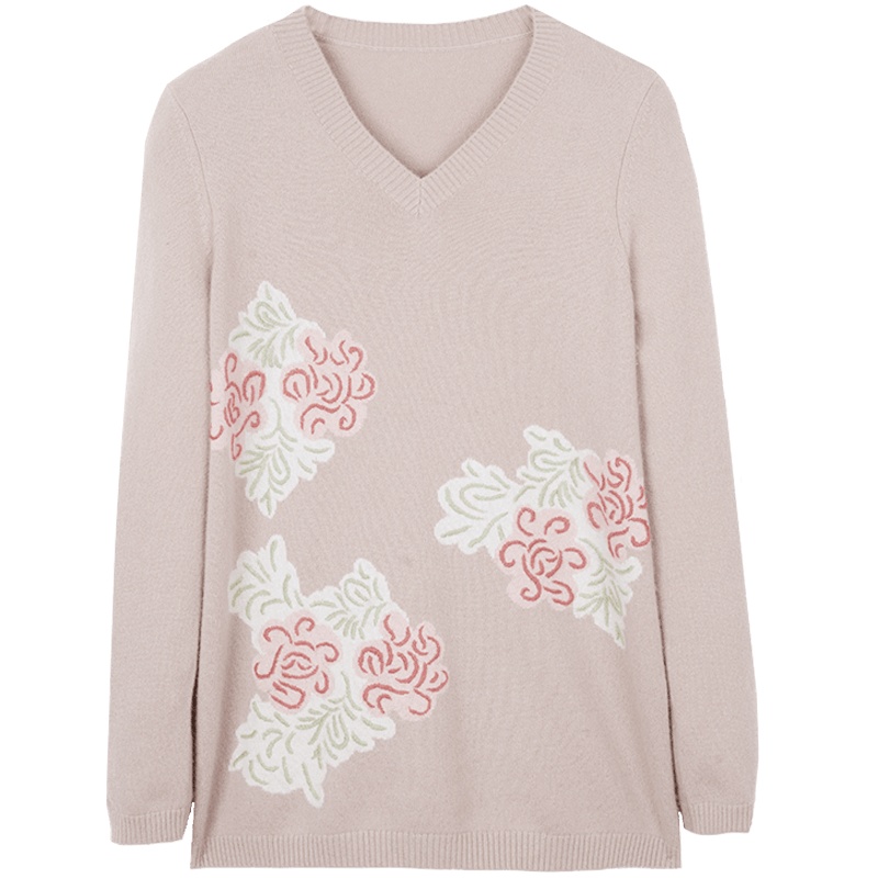 鄂尔多斯ERDOS [花海祥云系列]100%山羊绒V领提花装饰羊绒衫女士针织衫毛衣
