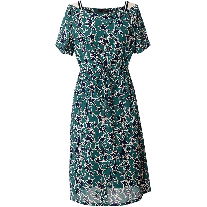 欧昵雪夏季ins一字领星星印花连衣裙女小众收腰短袖a字裙