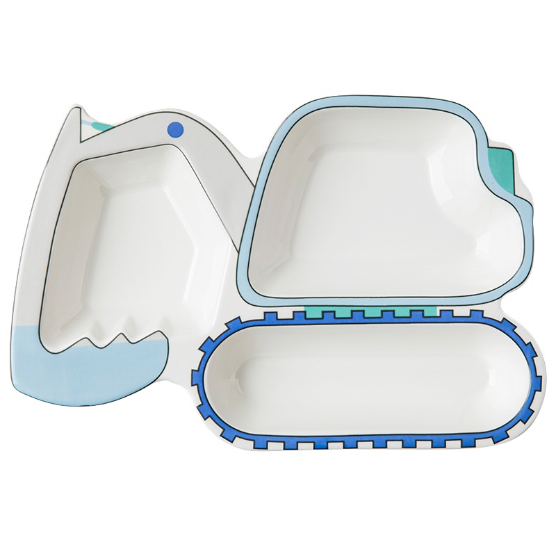 乐享儿童餐具分餐盘格创意卡通陶瓷宝宝吃饭碗家用吃饭盘子 蓝色挖掘机盘