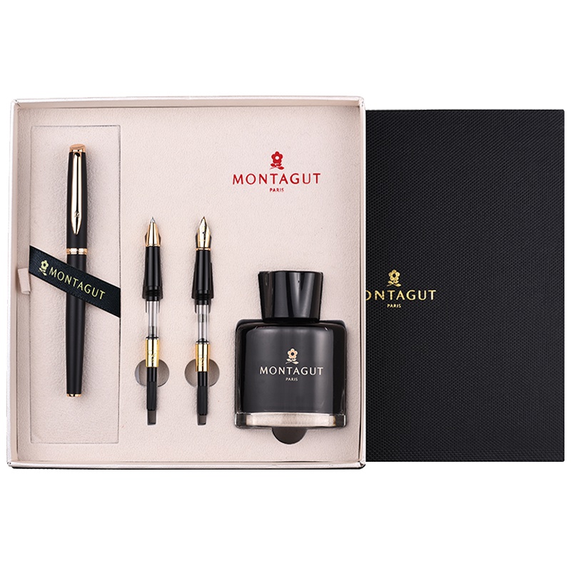 梦特娇(Montagut)黑磨砂金夹钢笔+特细笔尖+宝珠笔尖+墨水套装 签字笔 签名笔 墨水笔 白领钢笔礼盒装