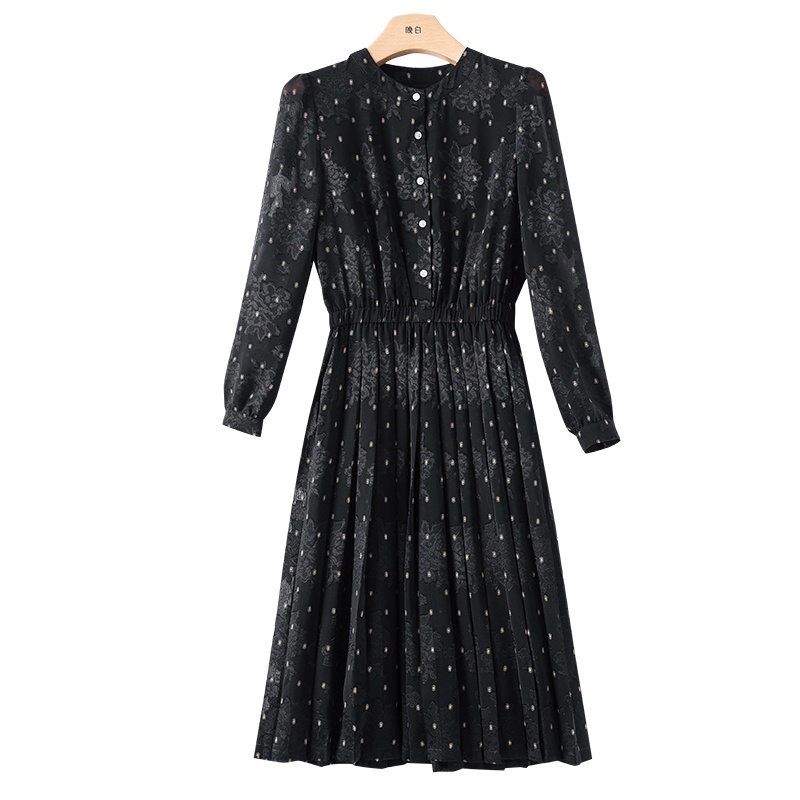 晚白2021春季新品修身显瘦圆领高腰A字印花百褶裙衬衫裙连衣裙女