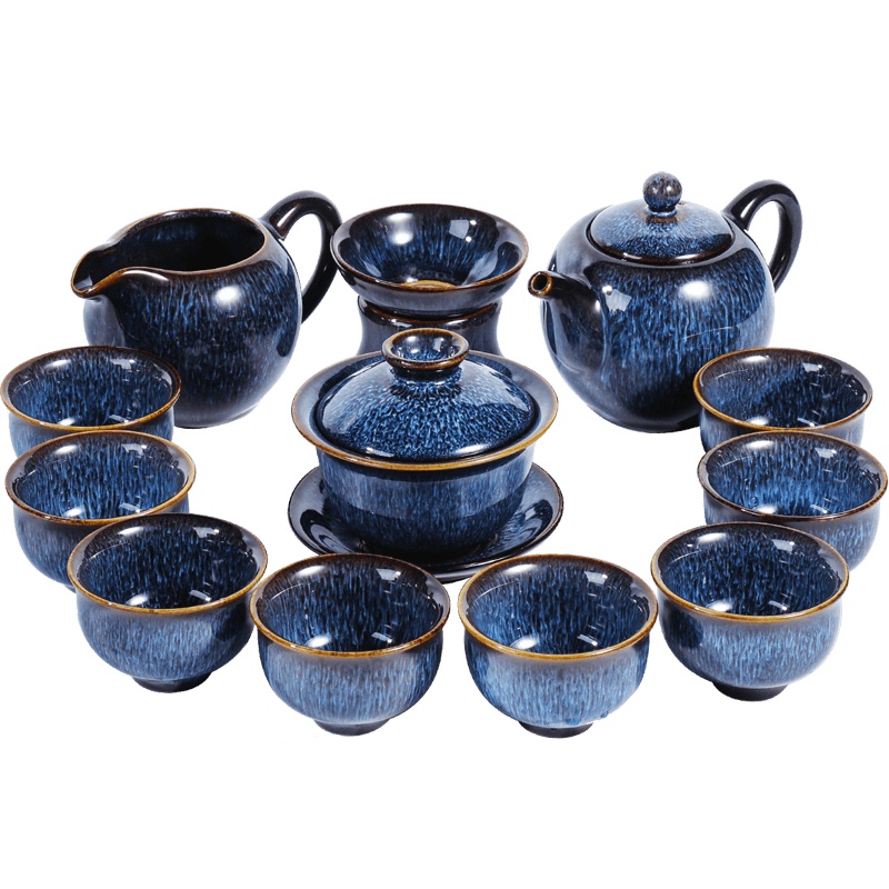 功夫茶具套装家用陶瓷天目窑变泡茶器客厅办公室会客整套 井中月功夫茶具12头(窑变蓝)