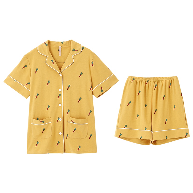 苏宁极物 女式夏季纯棉胡萝卜印花短袖家居服套装睡衣睡裤时尚