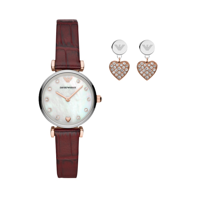 Armani阿玛尼手表休闲暗红色皮质表女士 生日礼物 送女友AR80040