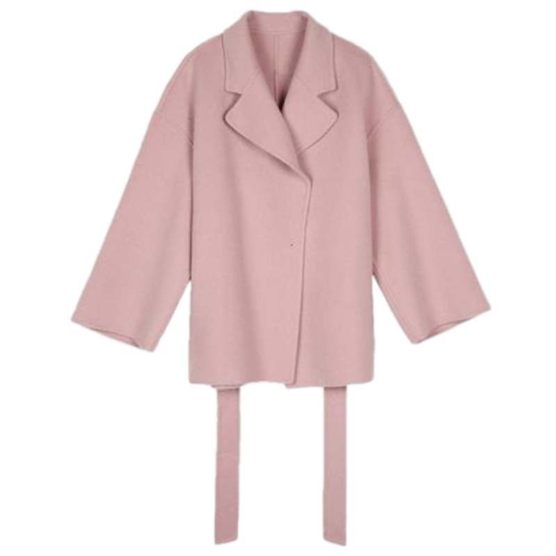 拉夏贝尔旗下羊毛毛呢大衣女冬季新款系带小个子短款呢子外套3T084013_522 S 驼色