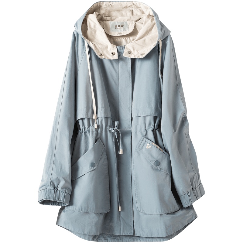 恒源祥连帽宽松风衣女春2020新款工装休闲外套中长款大衣抽绳收腰