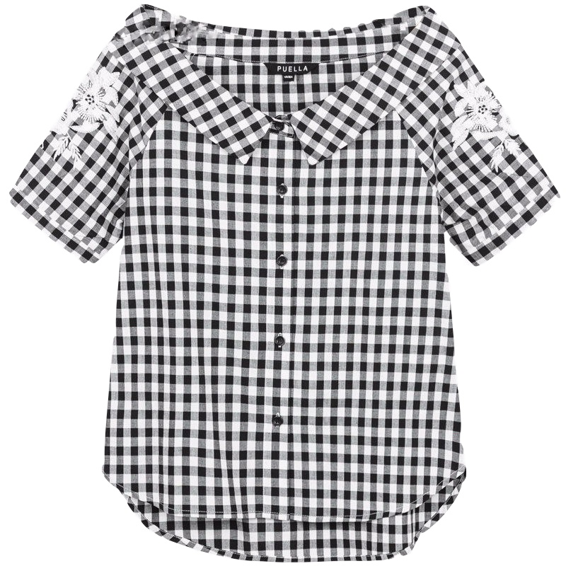 拉夏贝尔Puella夏季女装新款韩版刺绣显瘦宽松一字肩格子衬衫女20012066