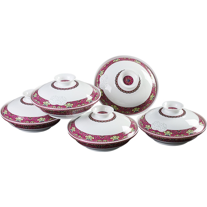 古镇陶瓷 景德镇陶瓷带盖碗汤碗深盘菜盘7寸盘子珐琅彩合器餐具5头合器鸿运当头双钱