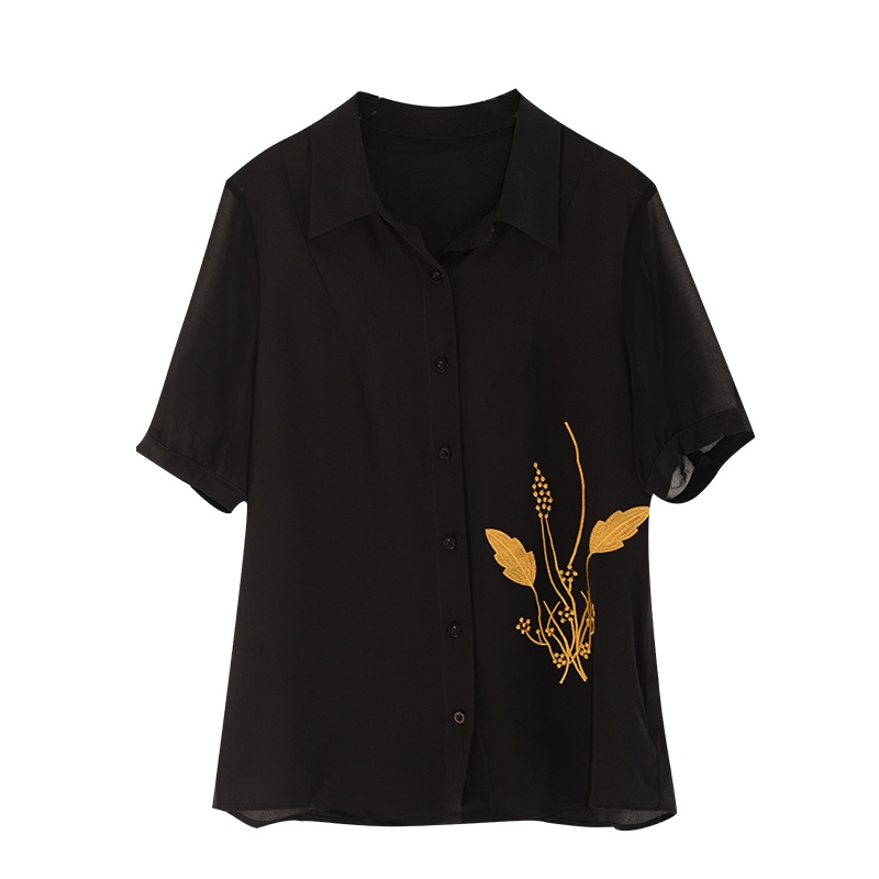 金菊2020新款真丝垂感休闲韩版桑蚕丝T恤女纯色气质显瘦刺绣上衣