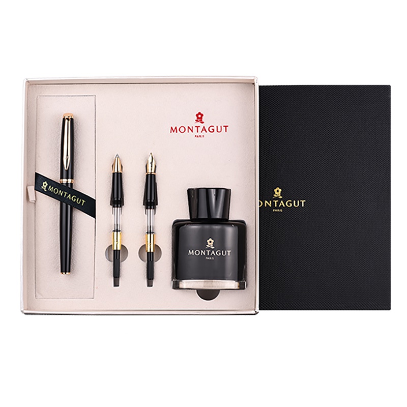 梦特娇(Montagut)黑丽雅金夹钢笔+特细笔尖+宝珠笔尖+墨水套装 签字笔 签名笔 墨水笔 白领钢笔礼盒装