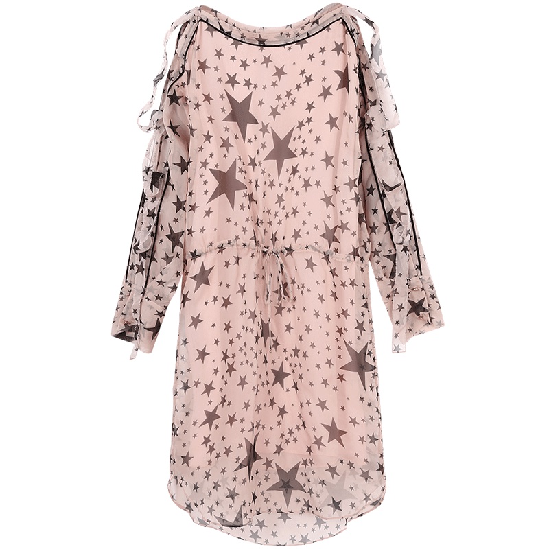 马克华菲女装 2019夏装新款星星印花微透收腰显瘦雪纺连衣裙长款