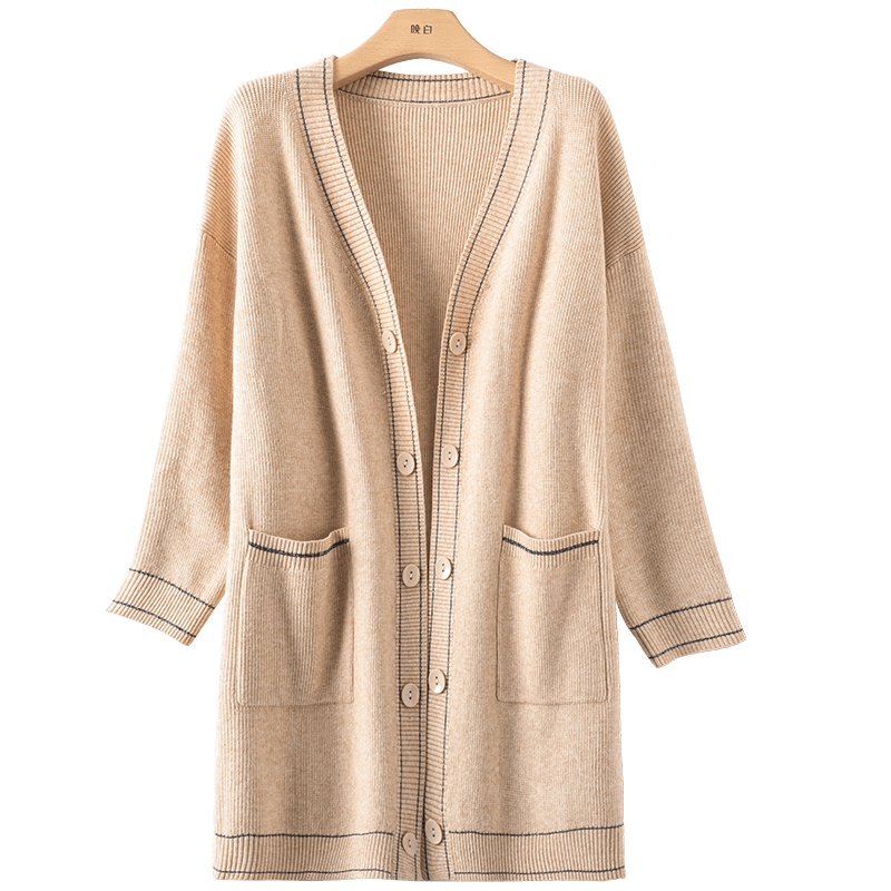 晚白2021春季新品休闲百搭时尚简约中长款通勤毛衫针织衫双排扣外套女