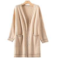 晚白2021春季新品休闲百搭时尚简约中长款通勤毛衫针织衫双排扣外套女