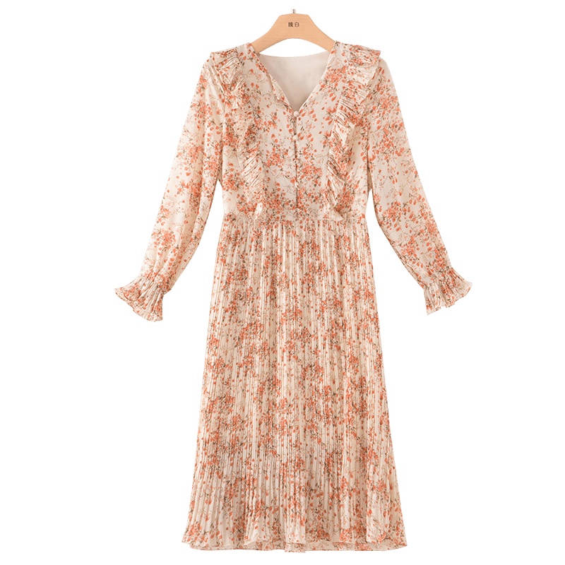 晚白2021春季新品名媛淑女荷叶边长袖修身高腰百褶裙雪纺连衣裙女