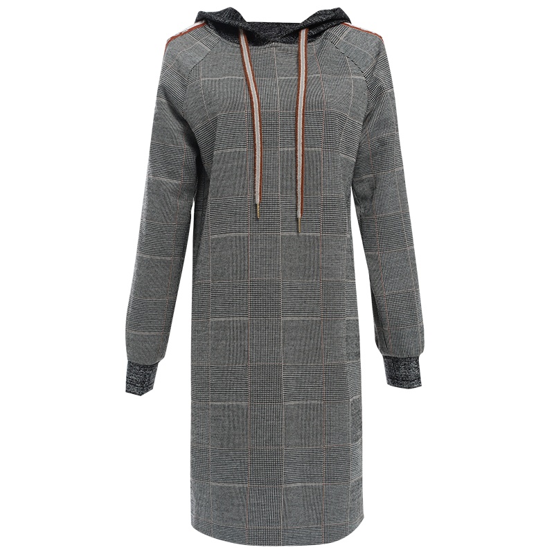 欧昵雪休闲连帽宽松格子卫衣连衣裙女套头长袖中裙