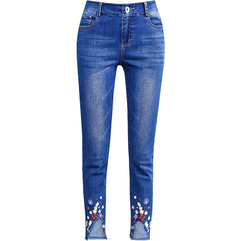 娅丽达女裤2019夏季新款牛仔裤女修身显瘦弹力刺绣铅笔小脚九分裤I2157