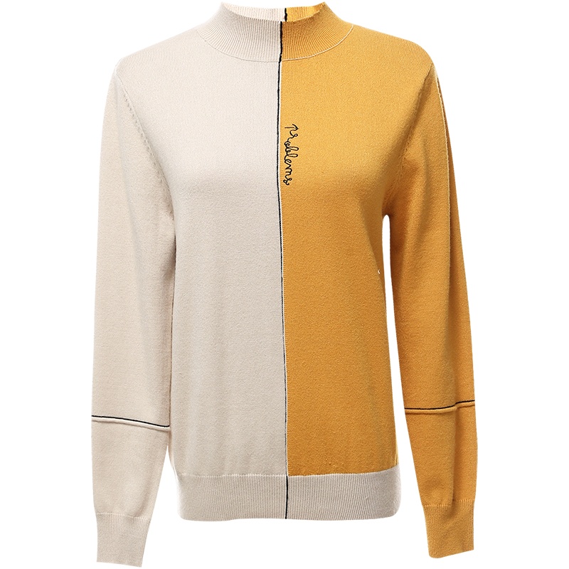 OUNIXUE欧昵雪 | 秋冬季时尚百搭撞色裁剪打底针织衫趣味绣花长袖半高领女毛衣