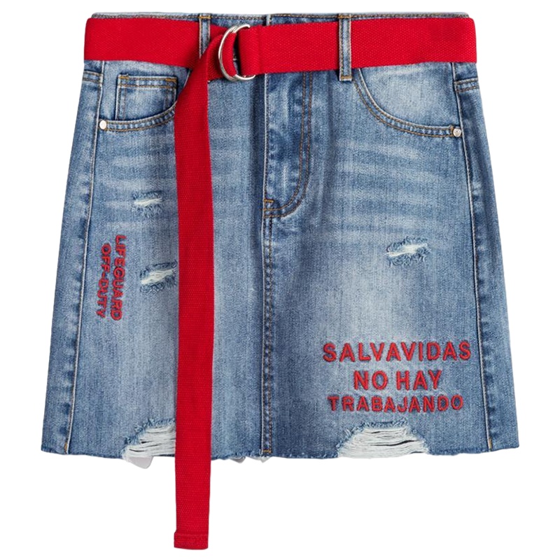 拉夏贝尔牛仔半身裙短款女夏新款韩版高腰破洞字母刺绣红色腰带a字裙
