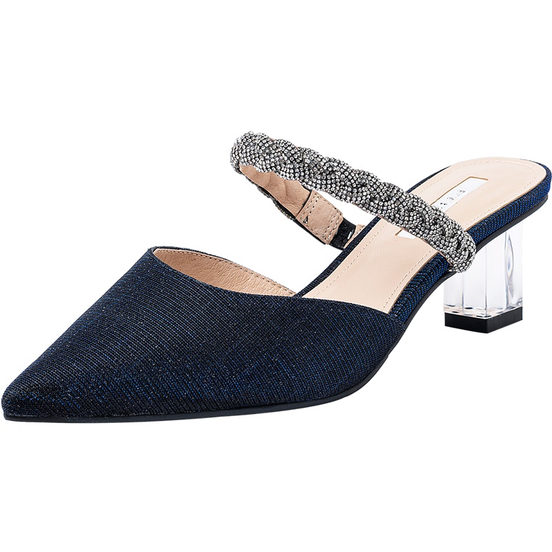 百田森水晶鞋夏新款穆勒拖鞋女仙女鞋透明跟粗高跟鞋女中跟