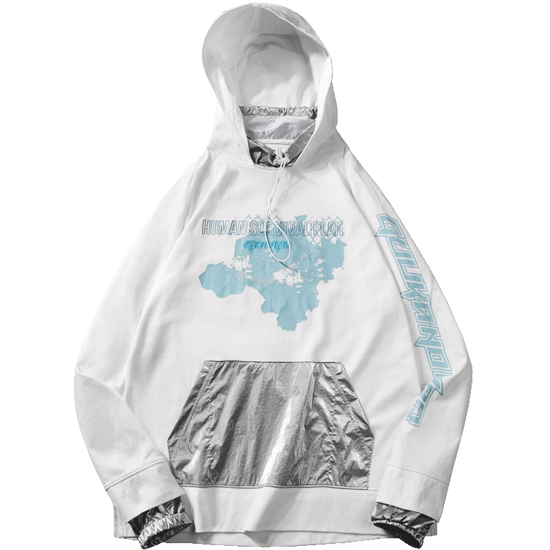 Guuka潮牌白色长袖T恤女薄 嘻哈情侣新款刺绣印花拼接纯棉长T宽松