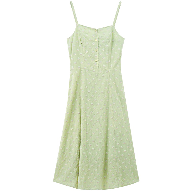 茵曼2019秋季新款文艺复古清新小碎花吊带裙连衣裙过膝仙气牛油果